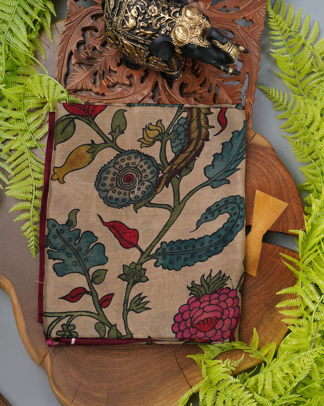 Binny Crepe Saree Floral Print With contrast Border - Cream