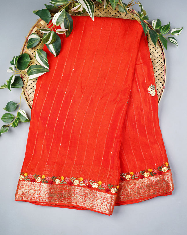 Wrinkle Crepe with Thread Embroidery Work Border- Orange