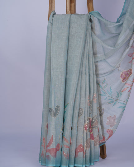Tissue Chanderi Silk with Floral Print and Aari Work