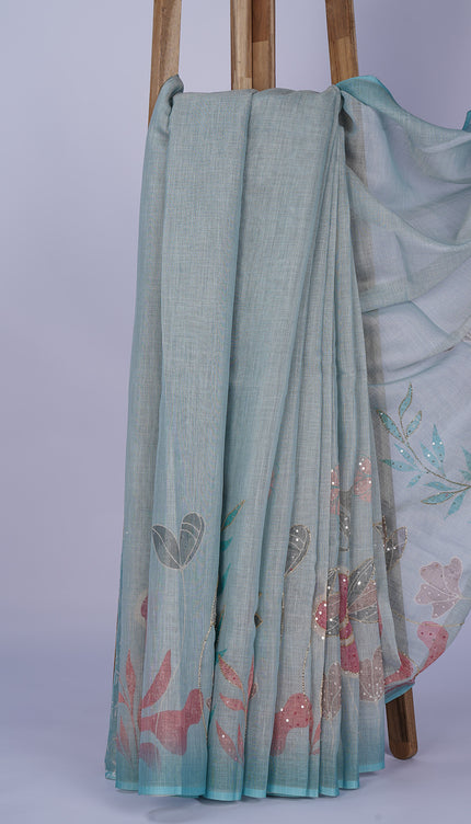 Tissue Chanderi Silk with Floral Print and Aari Work