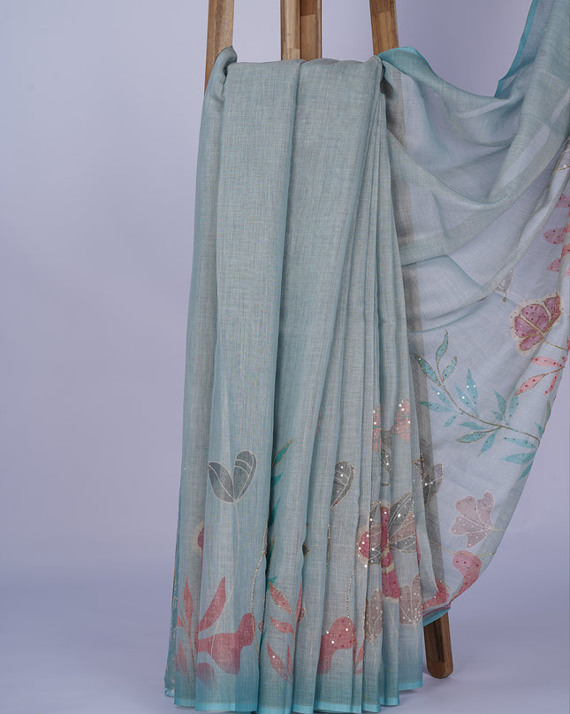 Tissue Chanderi Silk with Floral Print and Aari Work