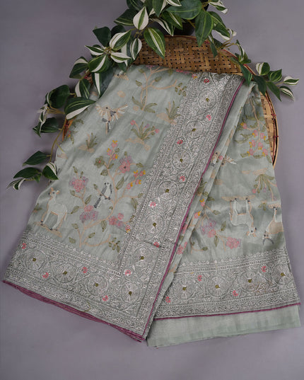 Tissue Soft Organza Silk with Zari & Thread Embroidery, Pichwai design - Sage Green