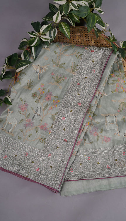 Tissue Soft Organza Silk with Zari & Thread Embroidery, Pichwai design - Sage Green