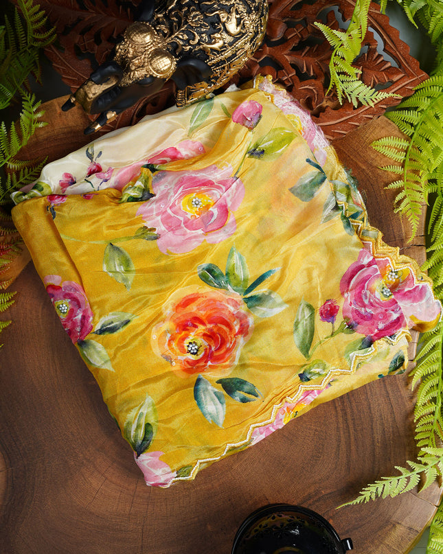 Russian Crape Allover Floral Print with Scallop Border and Pearl Work- Yellow