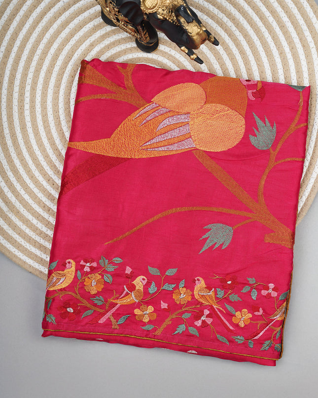Dupion saree with  golden butties and thread work and border - Magenta