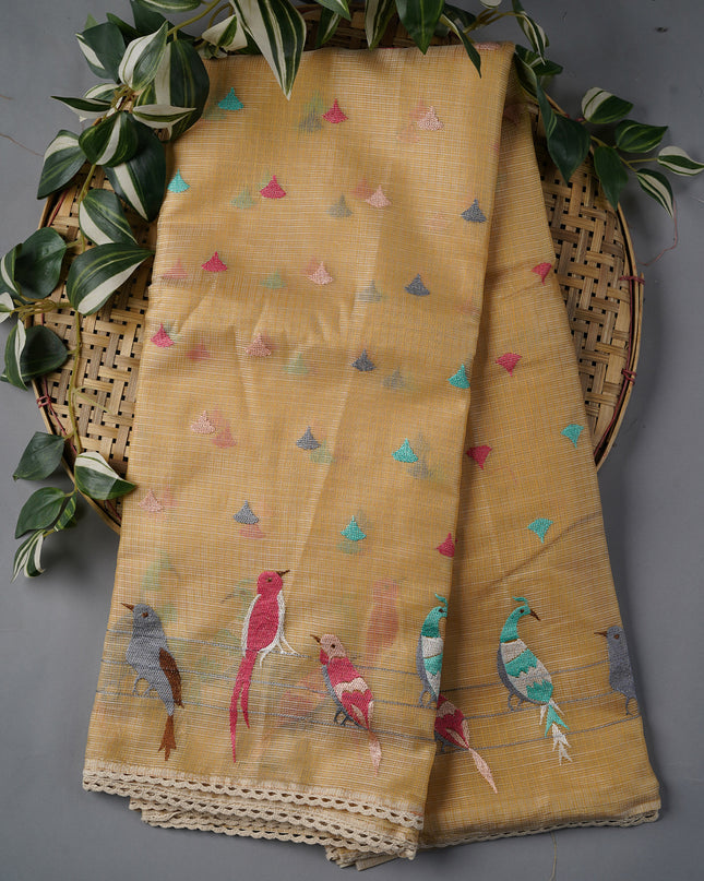 Silk Kota Saree With Thread Embroidery Butties And Lace Border - Cream