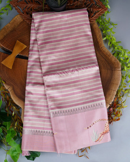 Semi Tusser Silk Saree With Stripes Design With Satin Border - Baby Pink