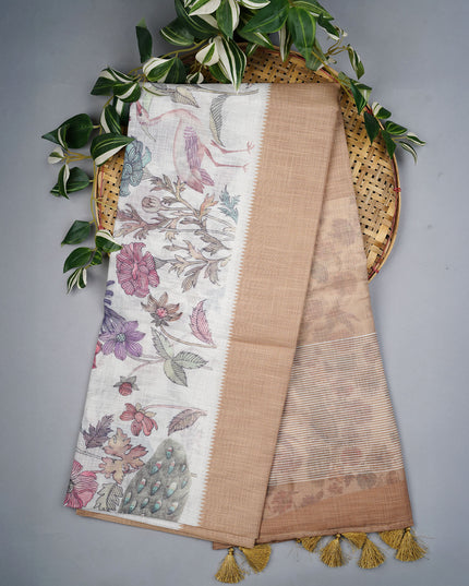 Linen Silk Saree With Floral Digital Print - M Yellow