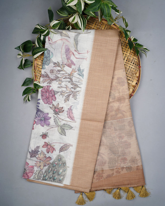 Linen Silk Saree With Floral Digital Print - M Yellow