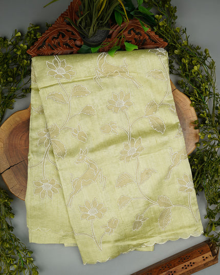 Kora Dupion Saree with Applique Work and Scallop Border- Light Green