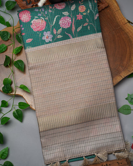 Tusser Silk Saree with Floral Print and Contrast Border- Green