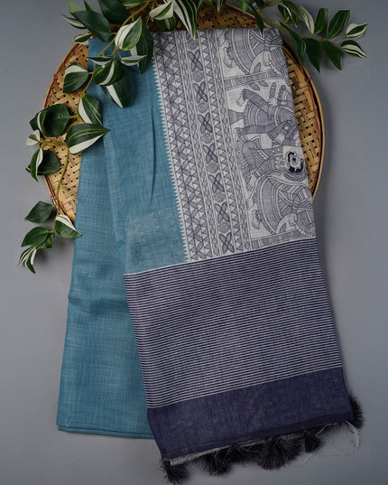 Lenin Silk Saree with Madhubani Print with Contrast Border- Sea Green