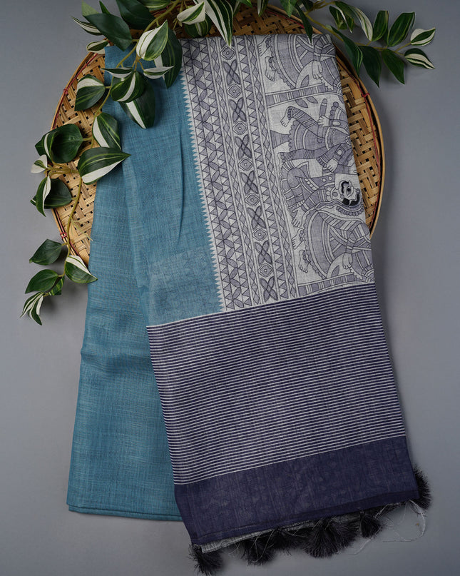 Lenin Silk Saree with Madhubani Print with Contrast Border- Sea Green