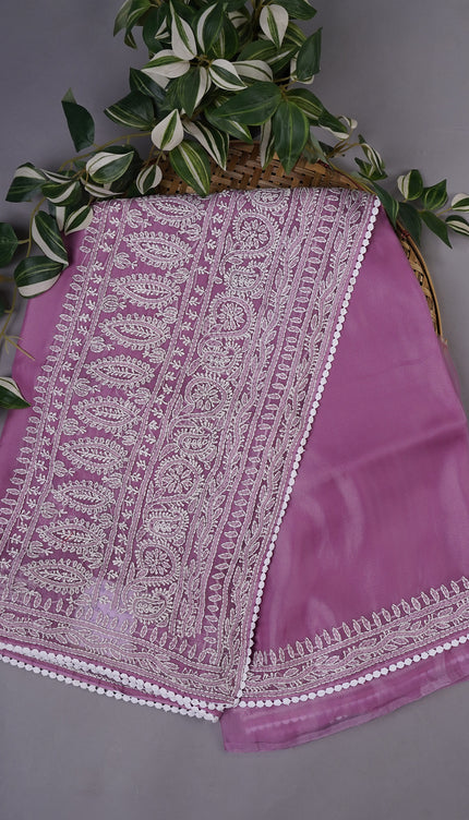 Soft Tissue Organza Silk with Kantha Work Lace Border - Lavender