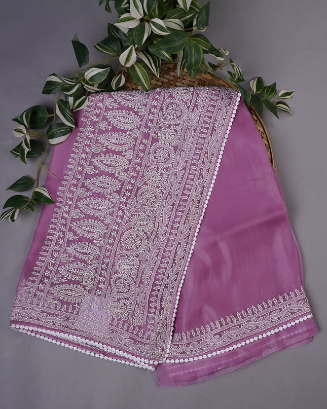 Soft Tissue Organza Silk with Kantha Work Lace Border - Lavender