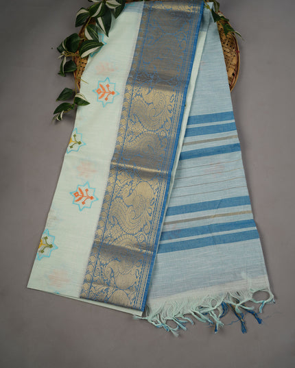Handloom Cotton Thread Embroidery Buttis Gold Border - Light Blue