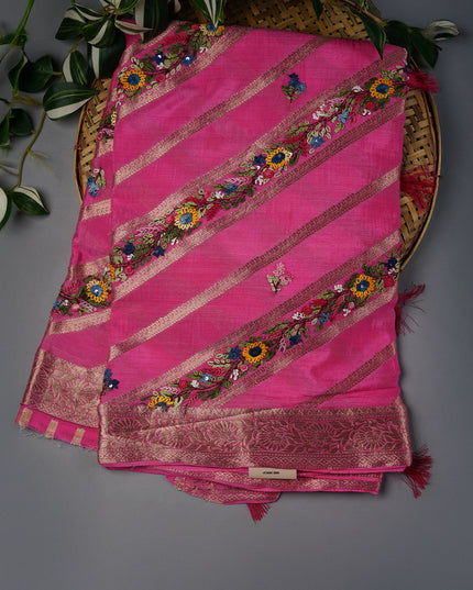 Crepe Saree with Thread Embroidery Work and Banaras Border- Pink