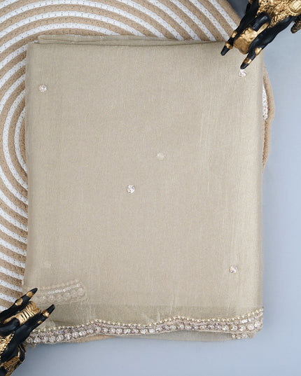 Crush tissue organza saree with sequence butties and scallop border - Beige