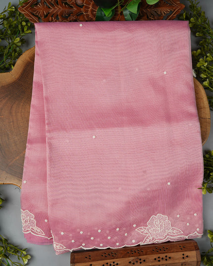 Tissue Lenin Saree and Scallop Border and Pearl Work- Onion Pink