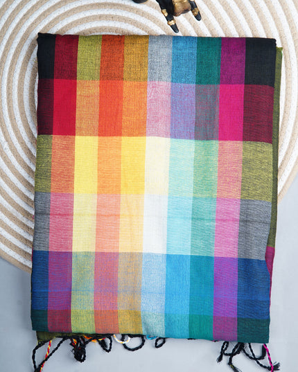 Mulcotton saree with multicolored check pattern - Green