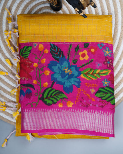 dola silk sarees with checks and floral print border - Pink