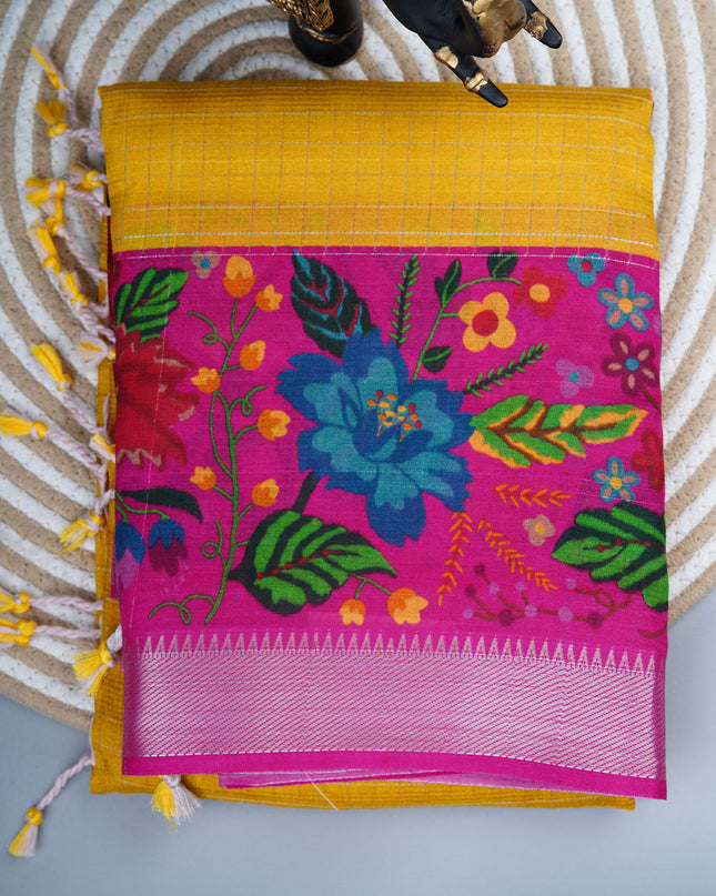 dola silk sarees with checks and floral print border - Pink