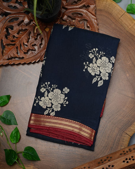 Muslin Silk Saree with Floral Print Butties and Contrast Border- Blue
