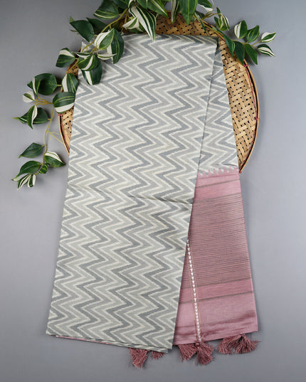 Tusser Silk Saree with Floral Print Border- Light Green