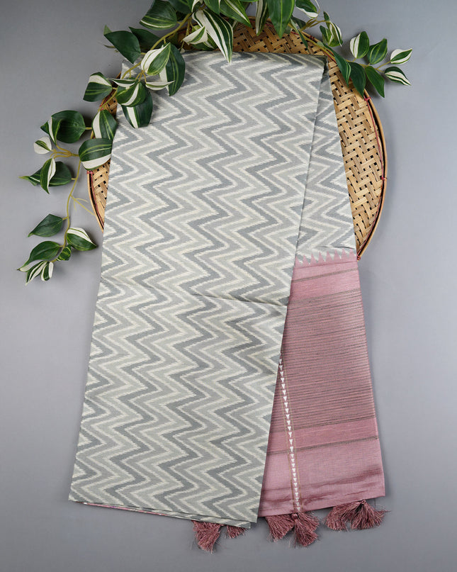 Tusser Silk Saree with Floral Print Border- Light Green