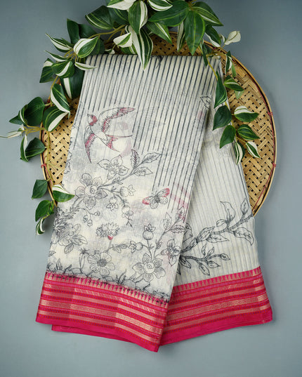 Kota Silk Saree with Floral Print and Contrast Border- Half White