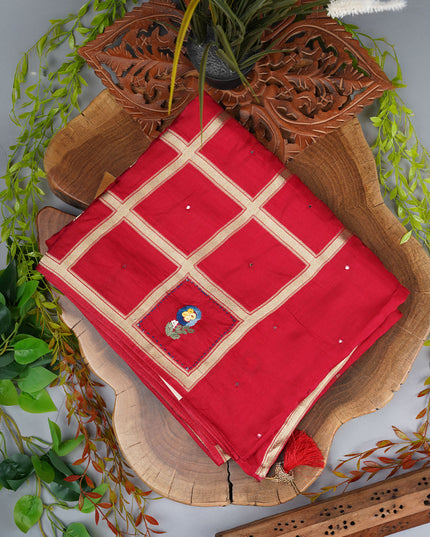 Chinon Saree With Gold Zari Checks And Mirror Work - Red