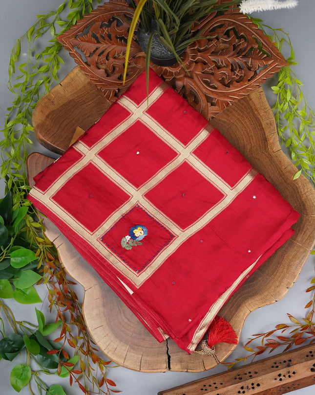 Chinon Saree With Gold Zari Checks And Mirror Work - Red