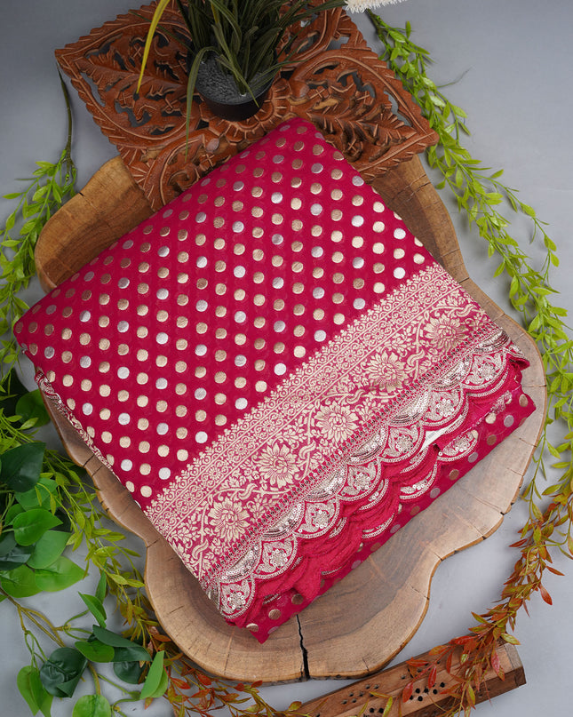 Banarasi Kaddi Georgette Saree With Gold & Silver Polka Dot With Scallop Border - Pink