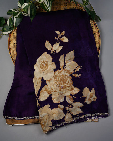 Binny Crepe Saree Floral Print Scallop Border Kardhana Sequence Work - Violet