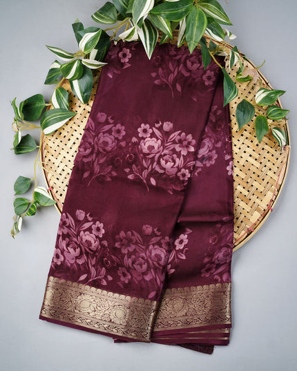 Binny Crepe Floral Print with Golden Zari Border- Wine