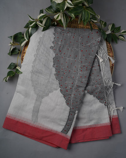 Linen Silk With Knot Work And Cotton Border - Grey