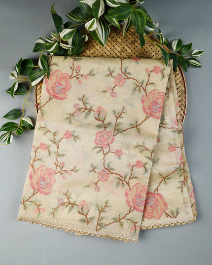 Tissue Lenin Saree with Thread Embroidery Work and Lace border- Beige