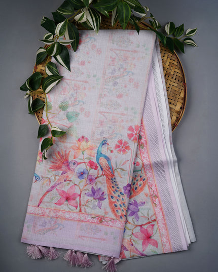 Linen Tissue Saree With Floral Print - Off White