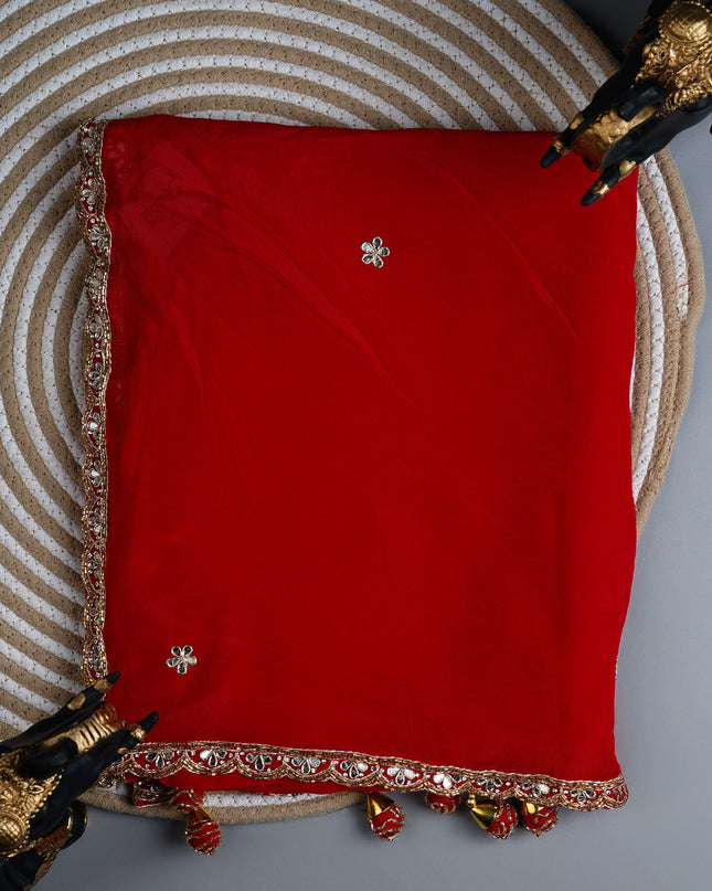 Italian Crape Mirror Work Botties With Kardhana Work - Red