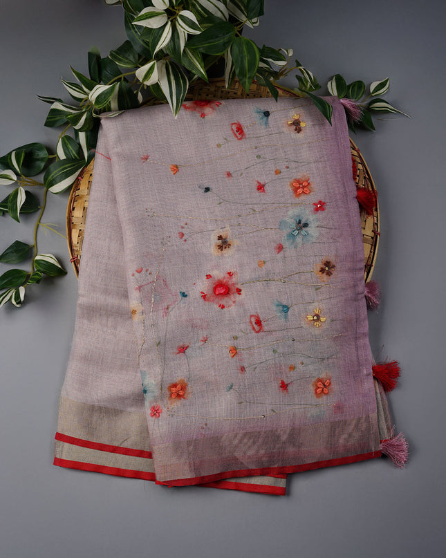 Linen Tissue Saree With Floral Print & Knot Work - Light Pink