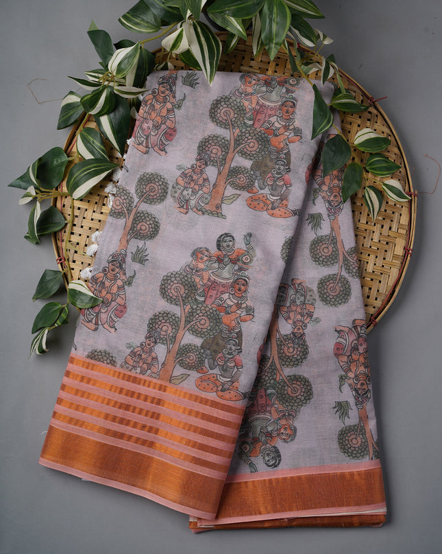 Muslin Silk With Kalamkari Print Contrast Border - L Grey