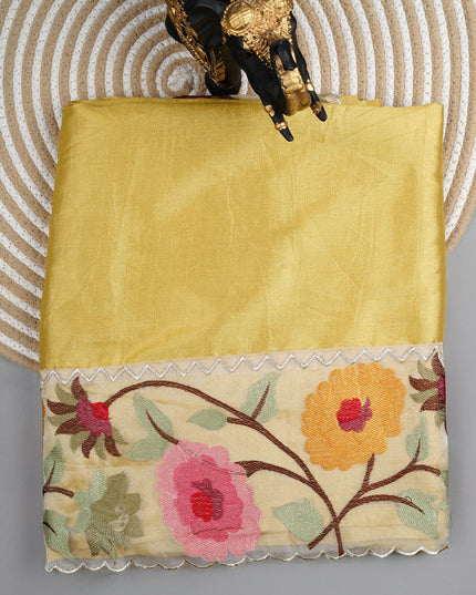 Kora Dupion Saree with Thread Work and Scallop Border - Lime Green