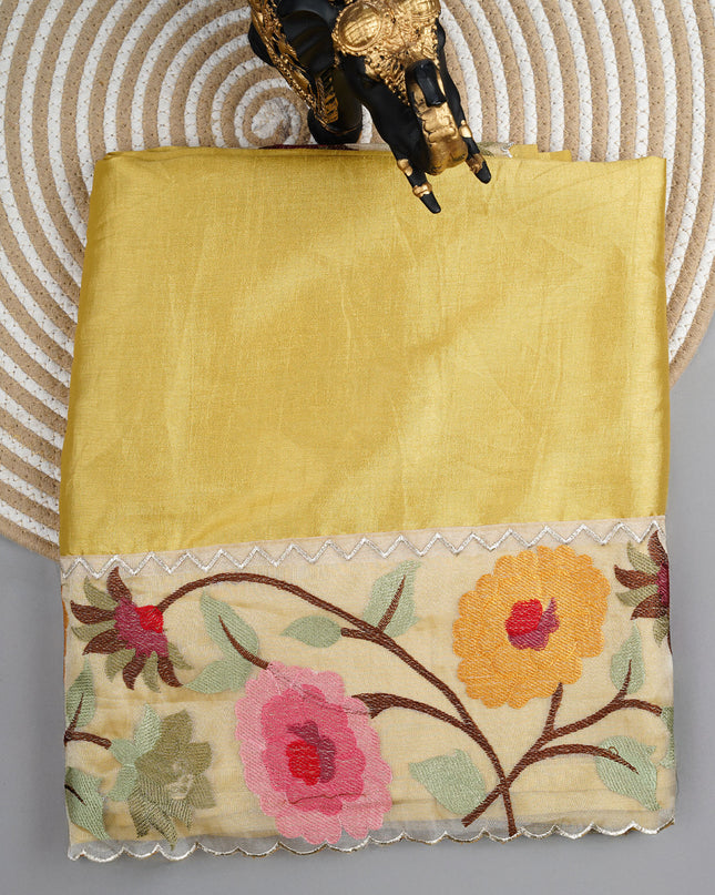 Kora Dupion Saree with Thread Work and Scallop Border - Lime Green