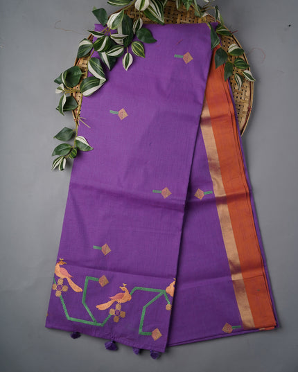Handloom Cotton Thread Embroidery Butties And Gold Border - Violet