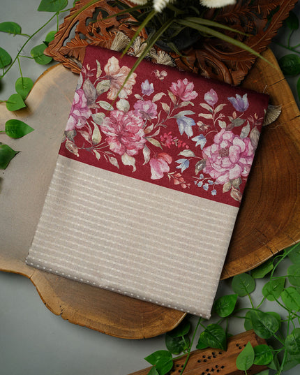 Tusser Silk Saree with Floral Print and Subtle Vertical Stripes and Small Delicate Motifs- Maroon