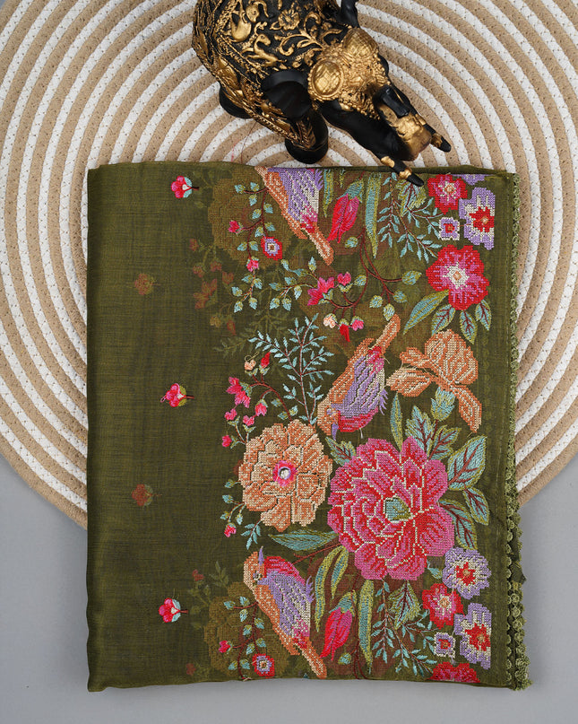 Linen saree with thread work butties and lace border - M Green