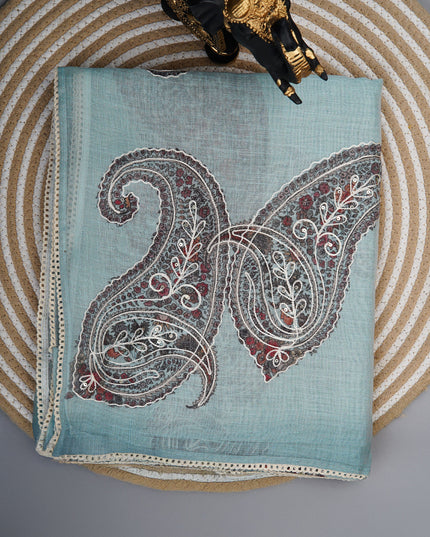 Tissue linen saree with Mango Butties And Dori work With Lace border - Sky Blue