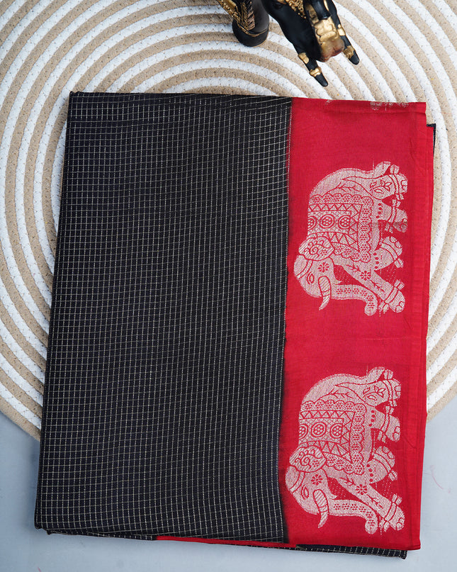 Green silk saree with all over golden zari  check weaving and contrast elephant border - Black