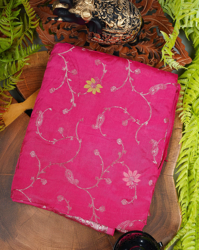 Banaras Silk Saree With Allover Meenakari Weaving And Gold Border- Rani Pink