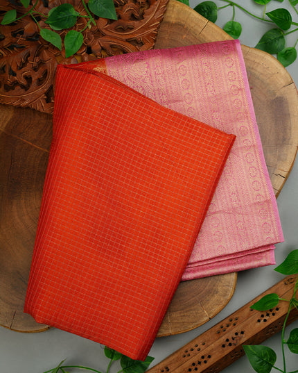 Green Silk all Over Golden Zari Weaving Checks Design with Kanchi Border- Orange